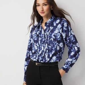 White House Black Market Navy and White Floral Pintuck Blouse
